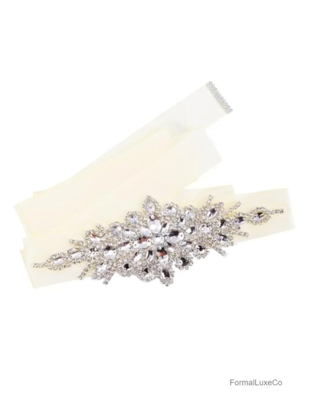 Handmade Ivory Bridal Belt with Rhinestone Applique Adjustable Sash